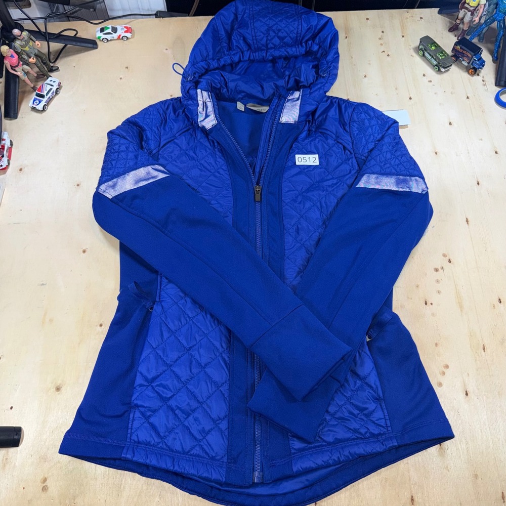 Athleta Womens M Royal Blue Quilted Hybrid Hooded Running Jacket Reflective